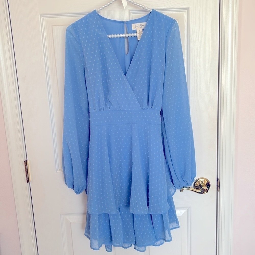 Jessica Simpson Blue Tiered Ruffle Dress Dotted V-Neck Long Sleeved Spring Prep